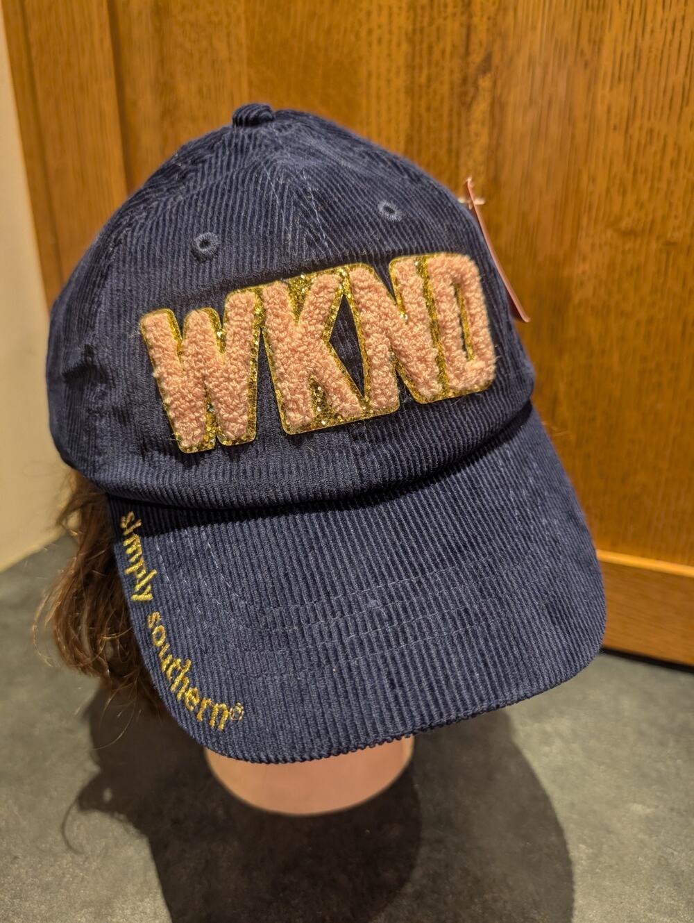NWT SIMPLY SOUTHERN SPARKLE PUFF LETTER WKND WEEKEND CORDUROY BASEBALL CAP